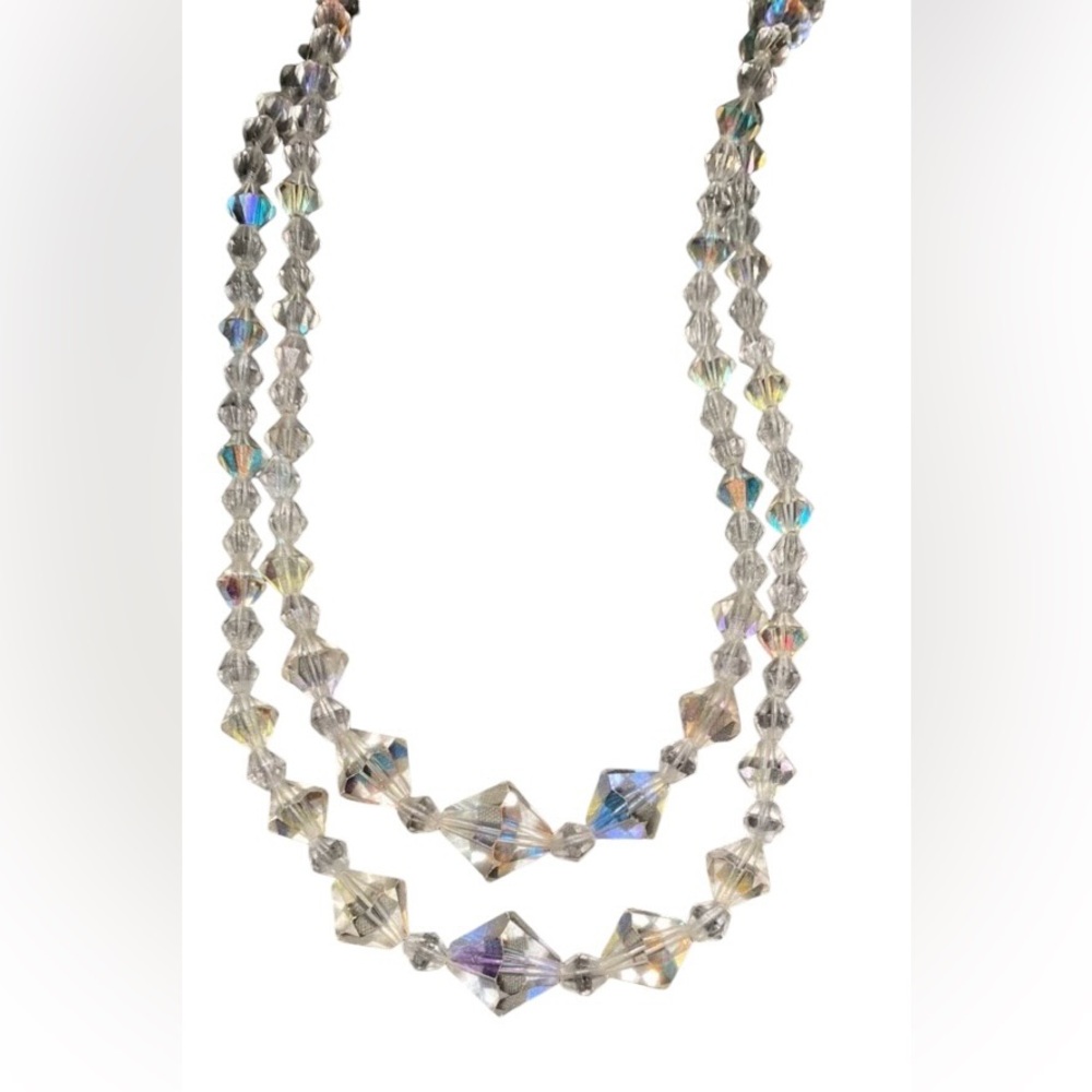 Vintage 1950s-60s Double Strand Aurora Borealis Crystal Necklace Rhinestone Glam